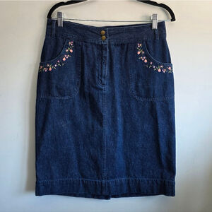 Carroll Reed Embroidered Y2K Denim Skirt Size 12 Blue Cotton Floral Pocket Midi